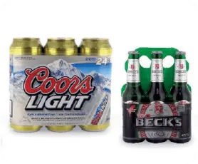 Coors Light 24-pack and Beck's beer with sleeve labels