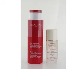 Clarins red serum and white bottle set with sleeve labels