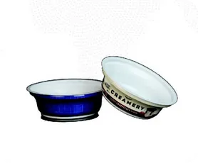 Creamery cups with blue shrink sleeve labels