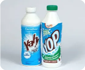 Yah! Carrefour and YOP Yoplait milk bottles with sleeve labels
