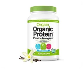 Orgain Organic Protein vanilla powder container with sleeve label