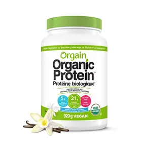 Orgain Organic Protein vanilla vegan powder container with sleeve label
