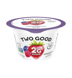 Two Good mixed berry Greek yogurt cup with shrink sleeve label