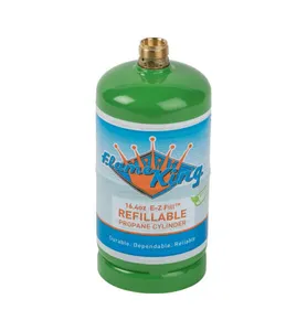 Green refillable propane cylinder with shrink sleeve label