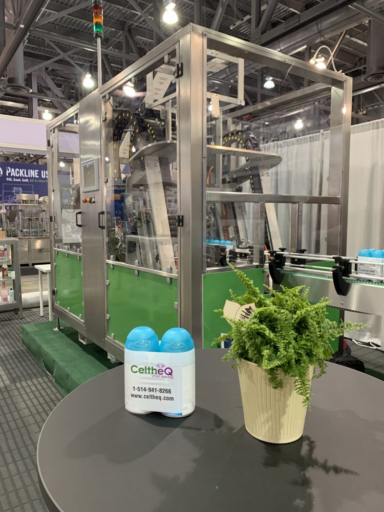 CeltheQ BLM75-150 sleeve labeling machine at trade show