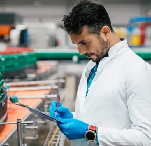 Quality control engineer inspecting sleeve labeling production line with green bottles